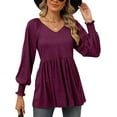 thumbnail image 1 of Temofon Womens Tops Long Sleeve Tunic V-Neck shirt 2024 Casual Puff Pleated Flare Blouse T-Shirts with Smocked Cuffs fall clothes winered, 1 of 5