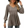 thumbnail image 1 of Temofon Womens Long Sleeve shirt Tunic Tops V-Neck shirt 2024 Casual Puff Pleated Flare Blouse T-Shirts with Smocked Cuffs fall clothes coffee, 1 of 5