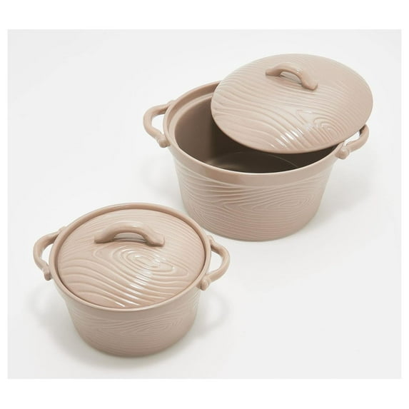 Temp-tations Set-of-2 Round Bakers w/Ceramic Dome Lids: 2.5 Qt & 1 Qt (Woodland Taupe)