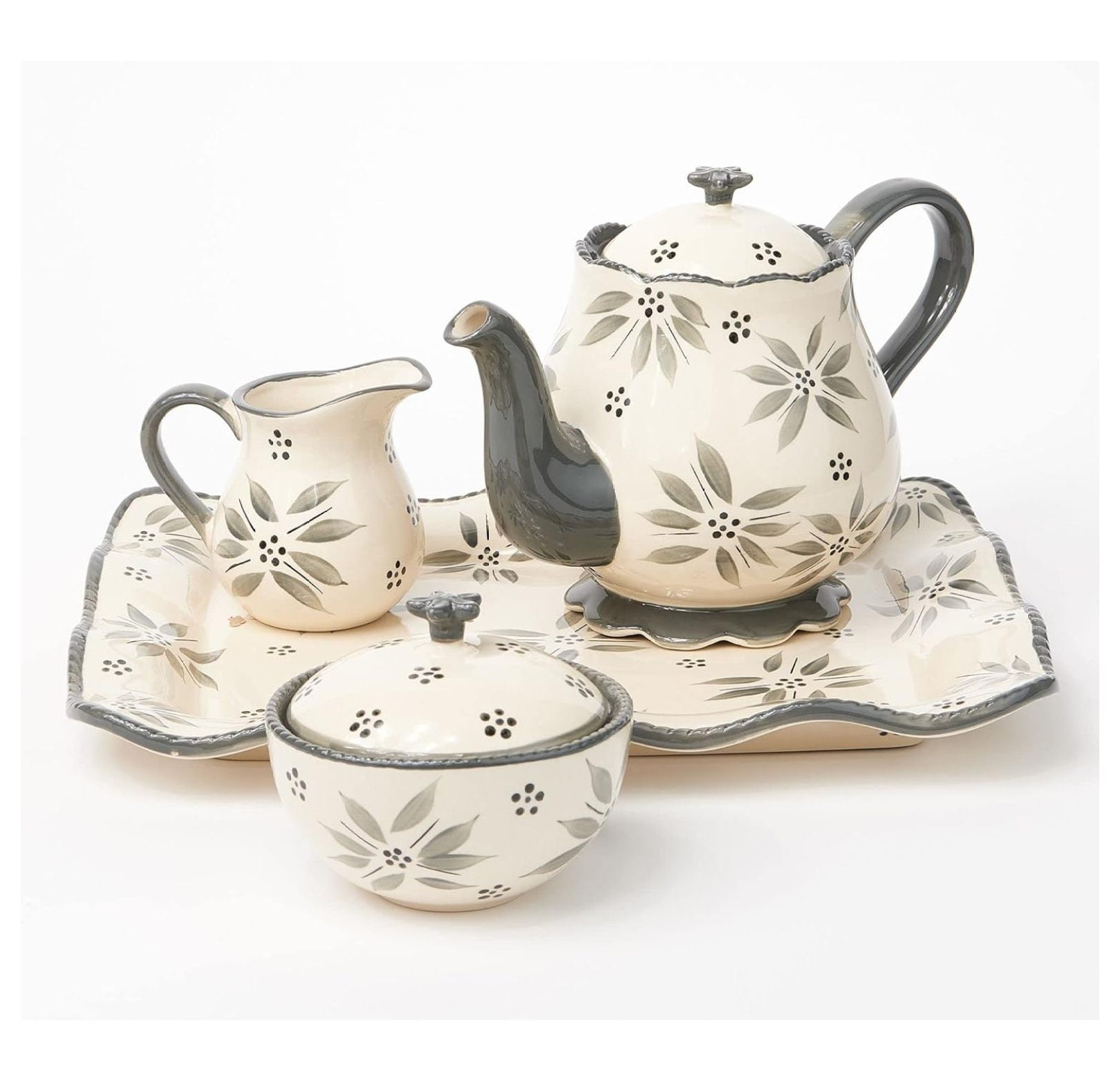 Temptations Tea Set TeaPot, Sugar Bowl, w/Fluted Rectangle Tray, Stoneware ( Gray)