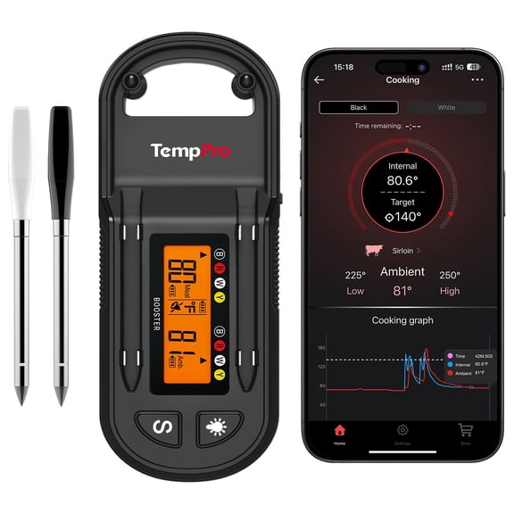 TempPro TempSpike Plus 600 ft Wireless Meat Thermometer with Two Ultra-Thin Probes, Meat Thermometer Digital Wireless with LCD Booster