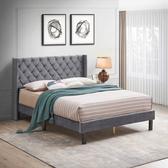 TempaGel Tufted Bed on Platform | Quick Assembly, No Box Spring - Charcoal Gray, Queen