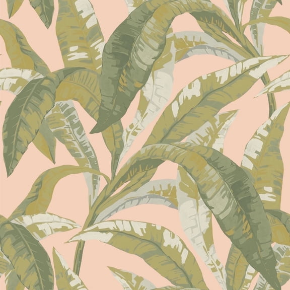 Tempaper Banana Leaves Pink & Green Tropical Peel and Stick Wallpaper, 20.5" x 16.5'