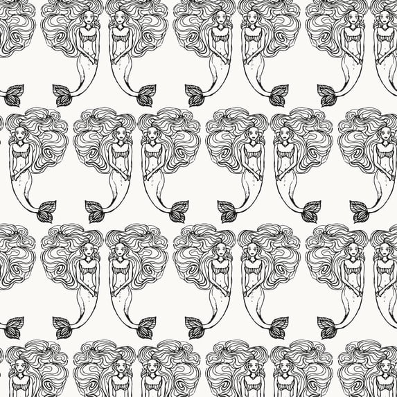Tempaper Block Print Mermaids Black Coastal Peel and Stick Wallpaper, 20.5" x 16.5'