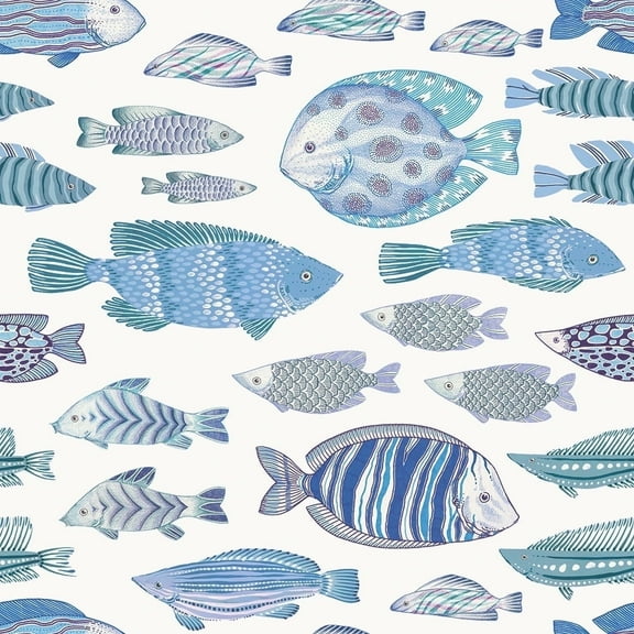 Tempaper Marine Fish Aqua Blue & White Peel and Stick Wallpaper, 20.5" x 16.5'