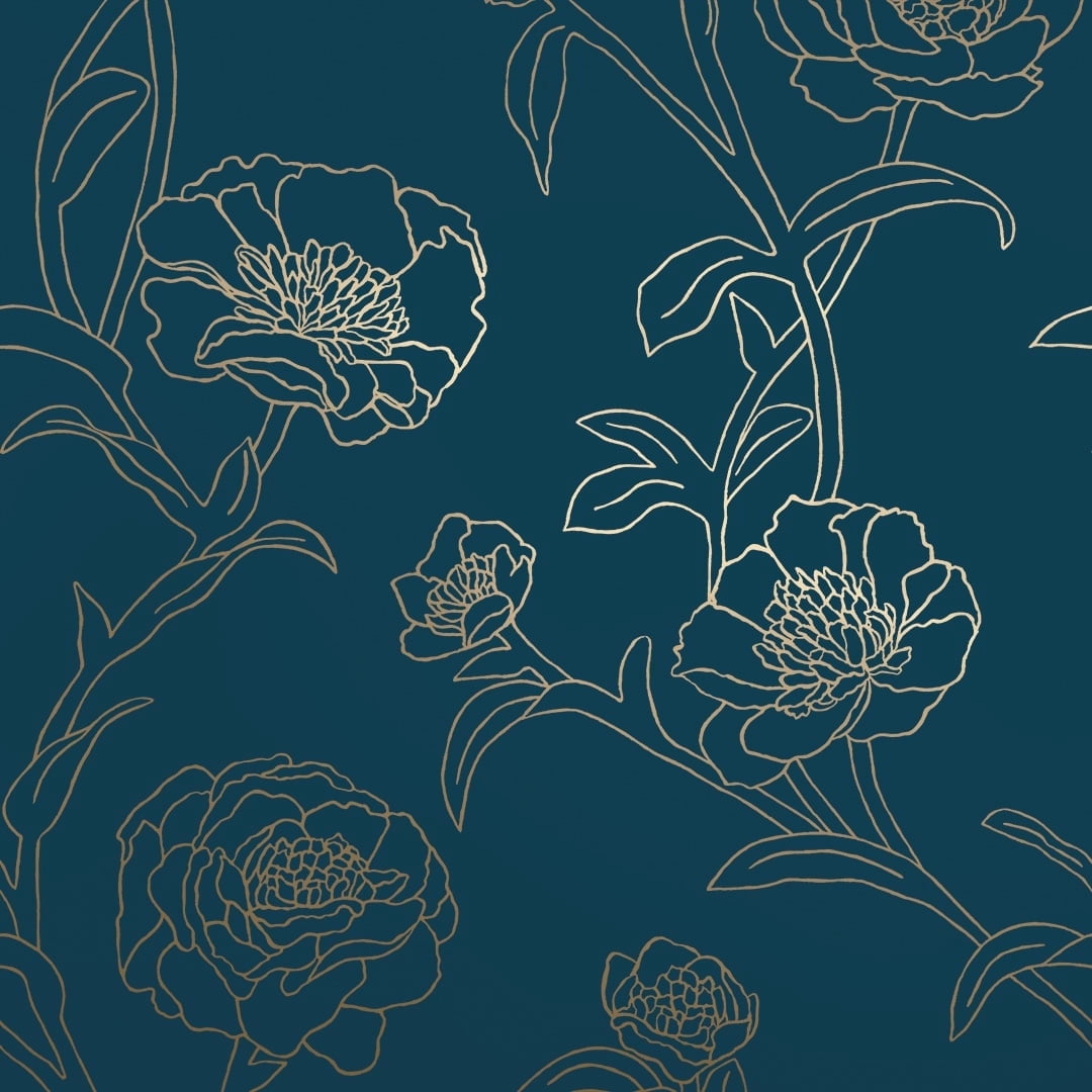 Tempaper Peonies Blue & Metallic Gold Floral Peel and Stick Wallpaper, 20.5" x 16.5'