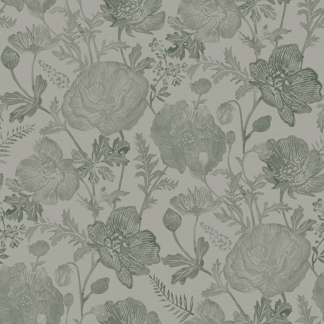 Tempaper x Pure Salt Textured Moss Green Poppies Removable Peel and Stick Floral Wallpaper, 20.5 in X 16.5 ft