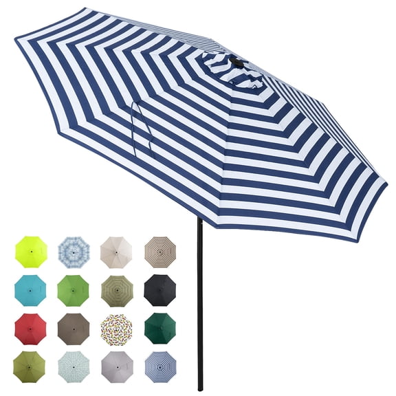 Tempera 9 ft Auto Tilt Umbrella Blue White Stripe