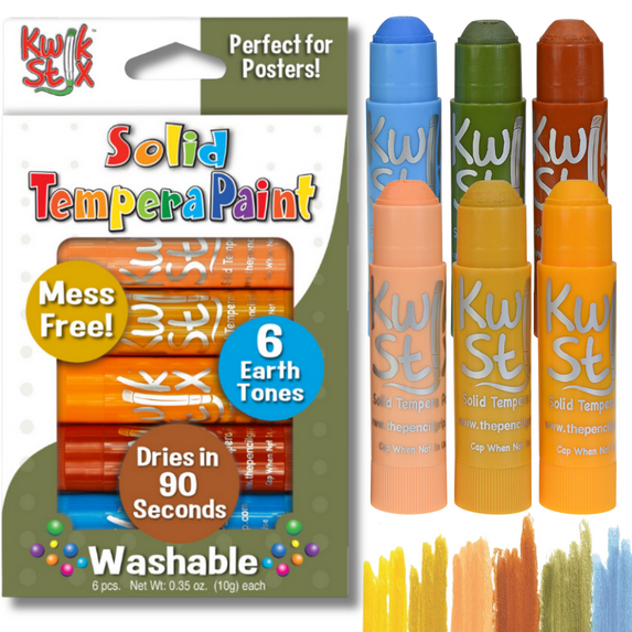 Kwik Stix Tempera Paint Sticks, 6 Earth Tone Colors, Washable, Super Quick Drying, Non-Toxic, Allergen Free, Mess-Free Paint for Kids and Toddlers