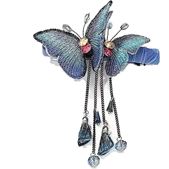 Temperament Butterfly Rhinestone Tassel Hair Clip, Fantasy Tassel Butterfly Exquisite Hairpin (Blue)