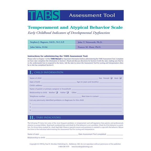 Temperament and Atypical Behavior Scale (TABS) Assessment Tool : Early Childhood Indicators of Developmental Dysfunction (Other)