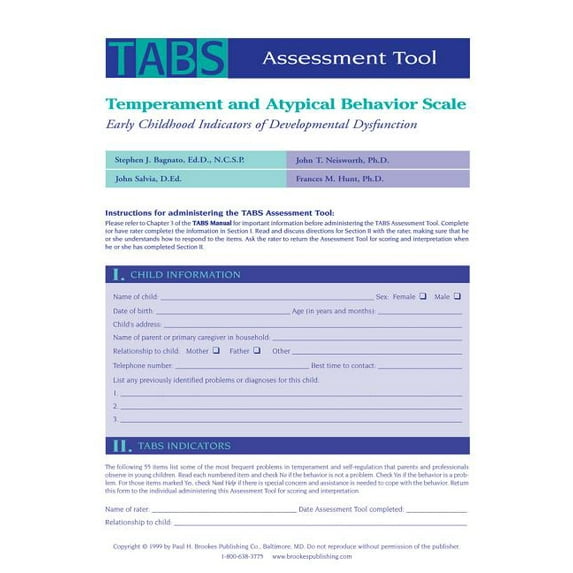 Temperament and Atypical Behavior Scale (TABS) Assessment Tool : Early Childhood Indicators of Developmental Dysfunction (Other)