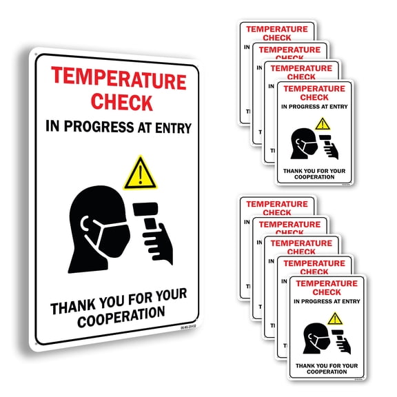 Temperature Check In Progress At Entry Public Safety Aluminum Sign 24 Inch x 18 Inch - 10 Pack