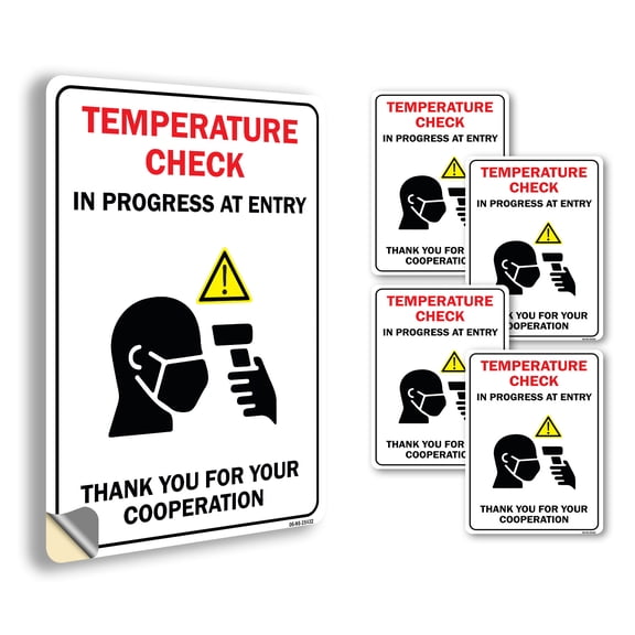 Temperature Check In Progress At Entry Public Safety Vinyl Decal Label 10 Inch x 7 Inch - 5 Pack
