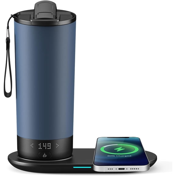 Temperature Control Heated Travel Mug Self Heating Coffee Mug 20 Oz App Controlled Display coffee serving sets mug kept at a constant temperature for 4-10 hours (Slate Blue, 20 oz)