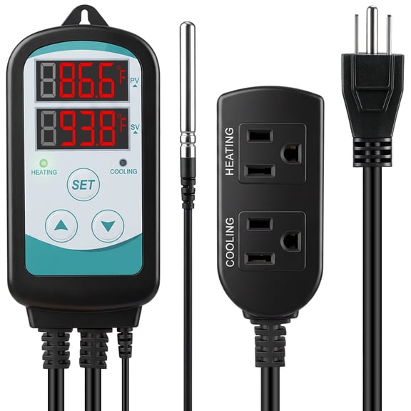 Digital Temperature Controller Thermostat Outlet, Heating & Cooling Dual Mode Thermostat with High Low Temp Alarm, NTC Sensor for Reptile Terrarium, Seed Germination, Incubation, Brewing, Greenhouse