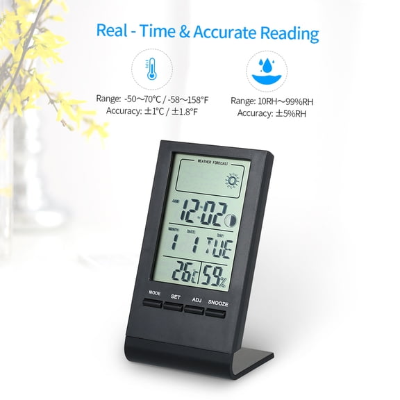 Temperature Humidity Meter,Min Value Display Thermometer Meter Alarm Clock With Max Min Room / Temperature Max Min Value Temperature Meter Indoor Room / Alarm Clock With Jinmie Black