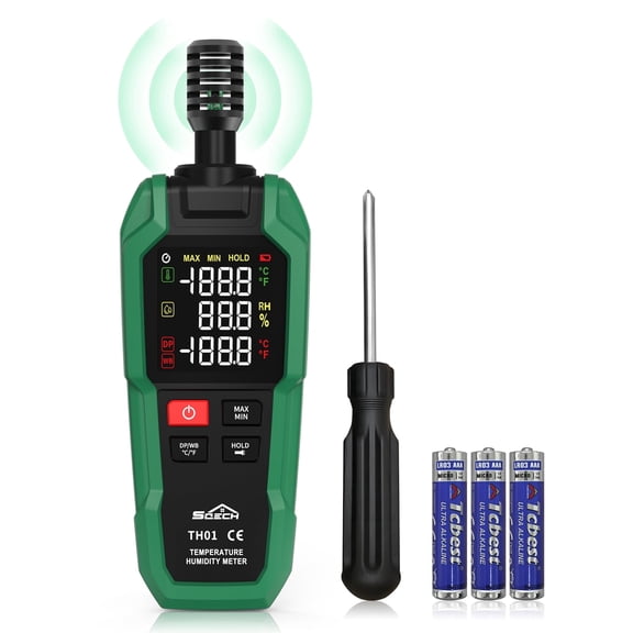 Temperature Humidity Meter,SQECH High Precision Digital Hygrometer with Ambient, Relative Humidity,Dew Point,Wet Bulb,Thermometer Hygrometer with Color Backlight & Flashlight,Max/Min,Data Hold