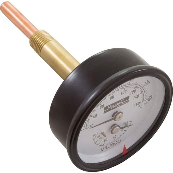 Temperature and Pressure Gauge, Raypak Heaters, 1/2", Bottom