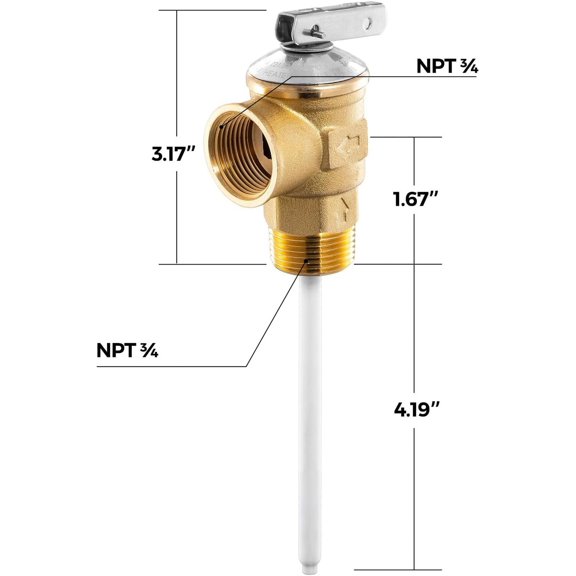 Temperature and Pressure Relief Valve 210F 150PSI with 4" Probe for Water Heaters