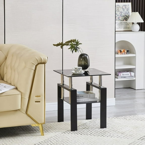 Tempered Black Glass Sofa Table - 2-Layers, Storage End Table for Living Space