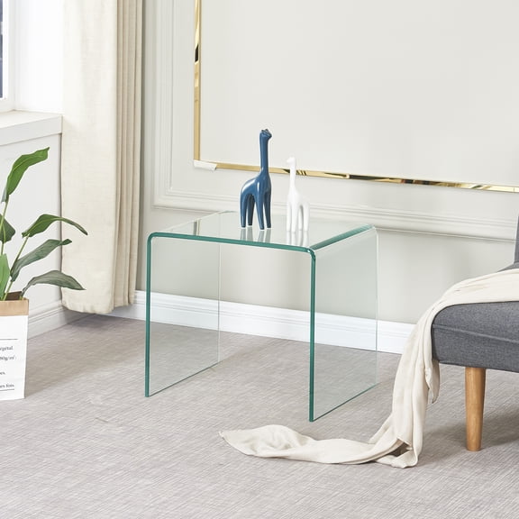 Tempered Clear Bent Glass SideTable, Transparent End Table, Sofa table