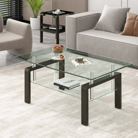[Luckynote]Tempered Clear Glass Coffee Table, 2-Layers Coffee Table Living Room Center Table