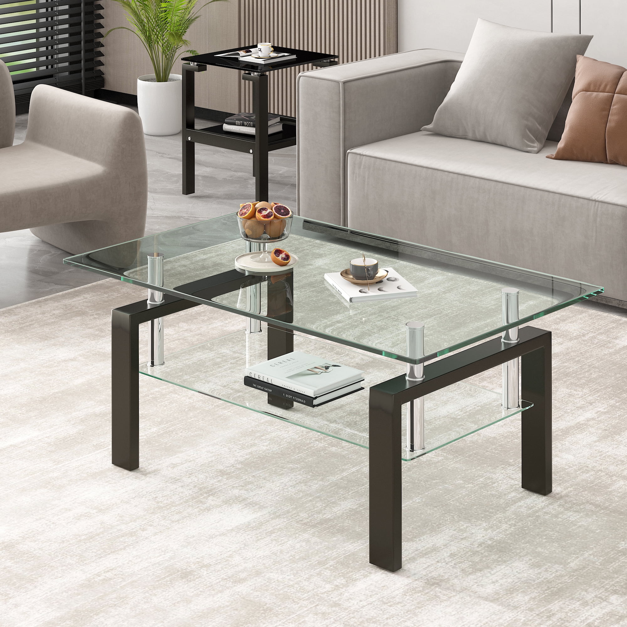 Tempered Clear Glass Coffee Table, 2-Layers Coffee Table Living Room ...