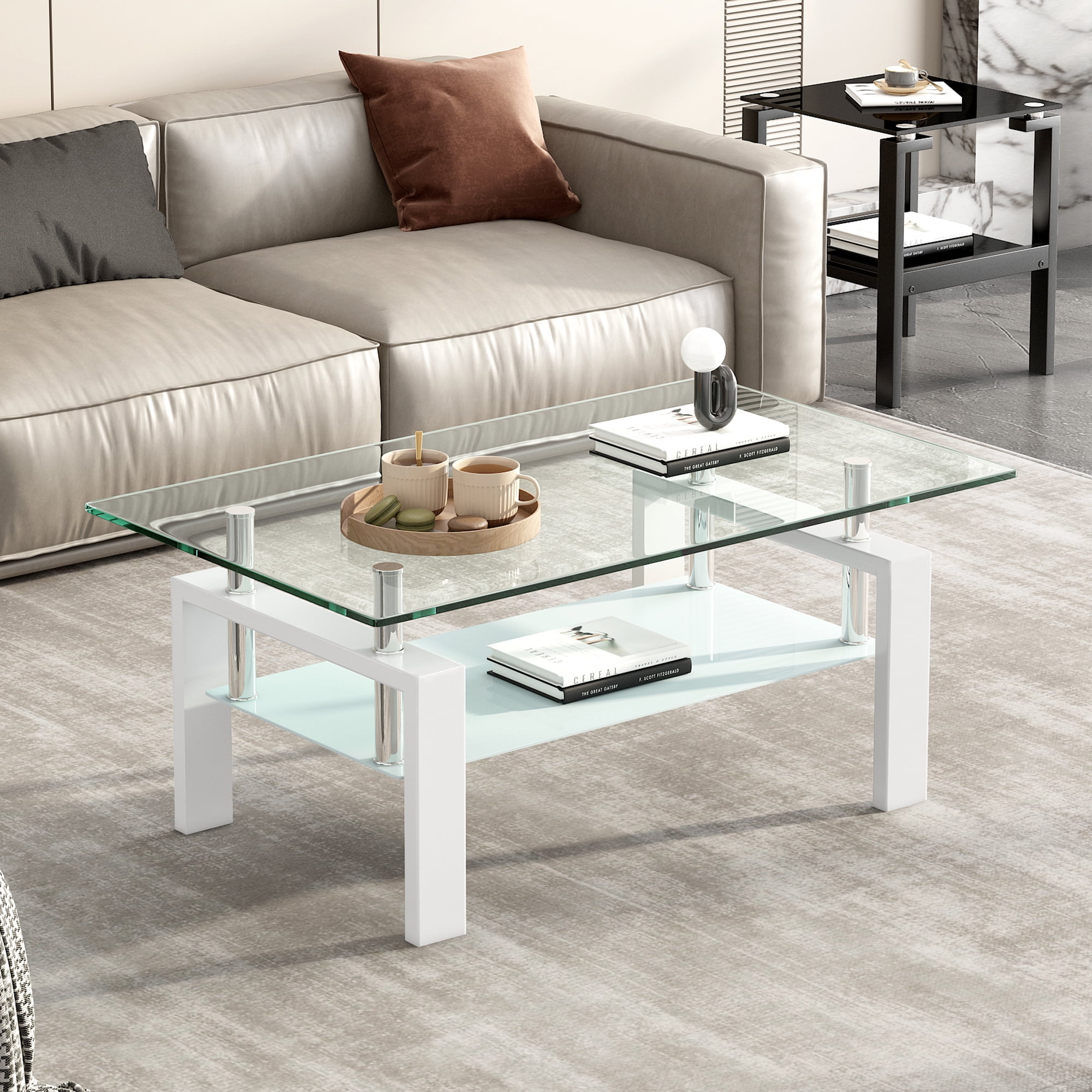 Tempered Clear Glass Coffee Table, 2-Layers Coffee Table Living Room ...