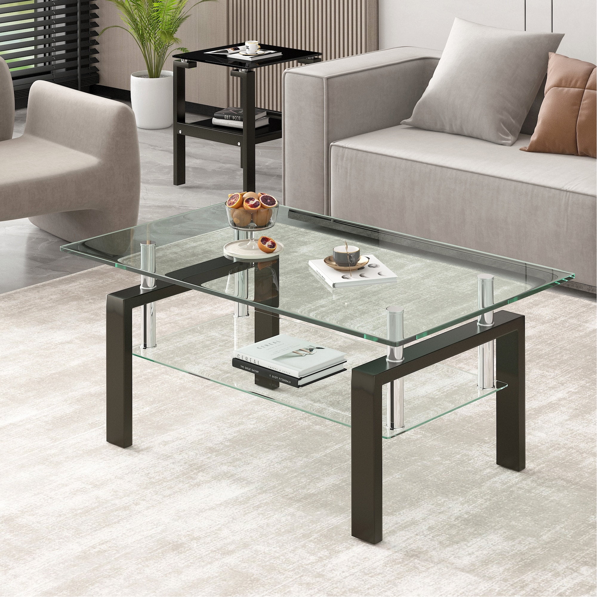 Clear Tempered Glass Coffee Table with Black Metal Legs