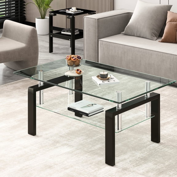 Tempered Clear Glass Living Room Coffee Table | Sleek Waterfall Edge Design | 5mm Shelf Glass for Storage | Quick and Easy to Assemble