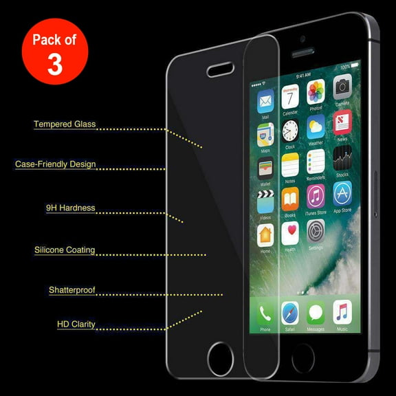 Tempered GLASS Screen Protector Bubble Free Scratch Resistant Case Friendly Ultra Thin HD Clear For iPhone 5, iPhone 5C, iPhone 5S - pack of 3