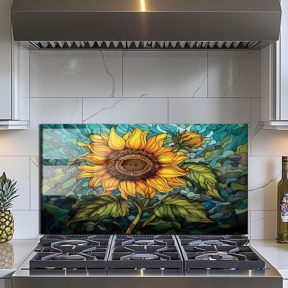 Tempered Glass Backsplash for Kitchen， Stove Splashback, sunflower Glass Backsplash, Used for Kitchen Wall Protection and Decoration, Easy to Install and Clean.