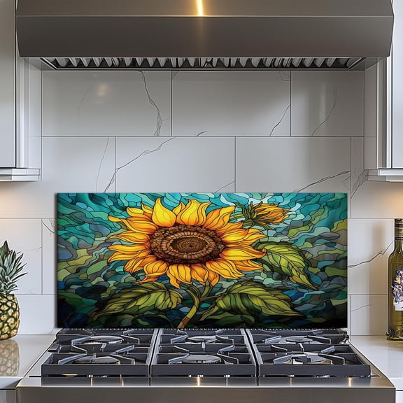 Tempered Glass Backsplash for Kitchen， Stove Splashback, sunflower Glass Backsplash, Used for Kitchen Wall Protection and Decoration, Easy to Install and Clean.