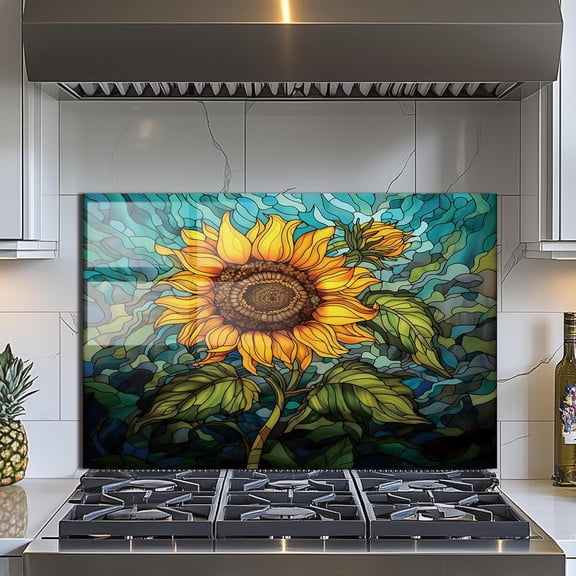 Tempered Glass Backsplash for Kitchen, Stove Splashback, sunflower Glass Backsplash, Used for Kitchen Wall Protection and Decoration, Easy to Install and Clean.