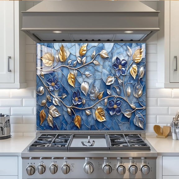 Tempered Glass Backsplash for Kitchen,Tree Leaf, Frameless, Stove Backsplash Protector for Wall,Easy to Clean, Home Decor (30"x24")