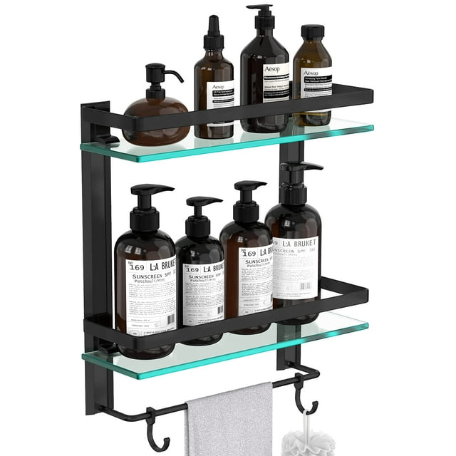 Tempered Glass Bathroom Shelf, 2 Tier Shelf With Towel Bar Wall Mounted