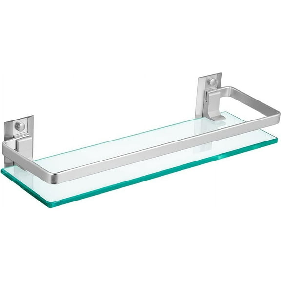 Tempered Glass Bathroom Shelf with Rail, 15" x 4.5" Rectangular Shower Caddy, Wall Mount Floating Shampoo Holder for Lavatory, Kitchen, Living Room