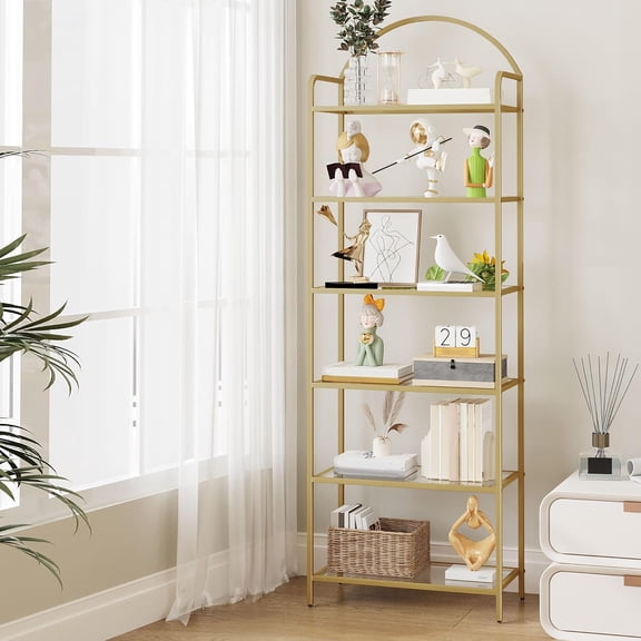 Tempered Glass Bookcase with Steel Frame 6-Tier Slim Shelving Unit Gold 11.8"D x 23.6"W x 71"H