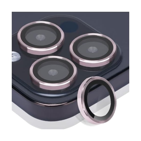 Tempered Glass Camera Lens Protector (3-Pack), 9H Hardness, Aluminum Alloy Ring, Fits iPhone 15 Pro & Pro Max (Pink)