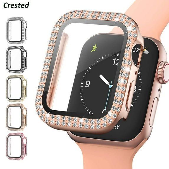Tempered Glass+Case For Apple watch 44mm 40mm 42mm 38mm Accessories Double Bling Case Crystal Diamonds Rhinestone Bumper Overall Hard PC Slim Protective Cover For iWatch series 3 4 5 6 se
