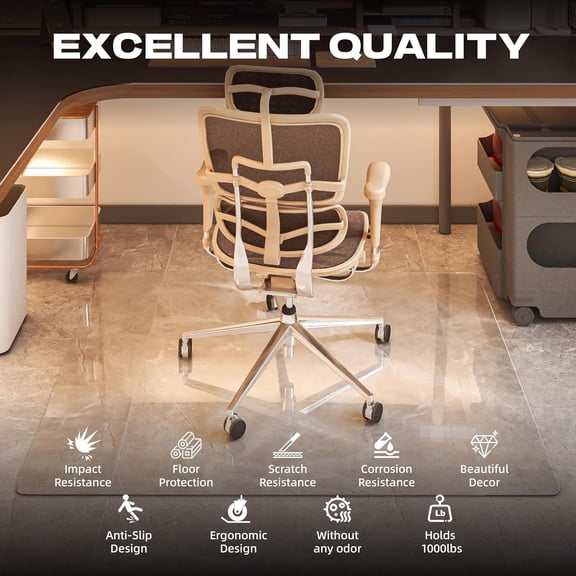 Tempered Glass Chair Mat 48x30 Inch Office Floor Protector for Carpet Hardwood with Polished