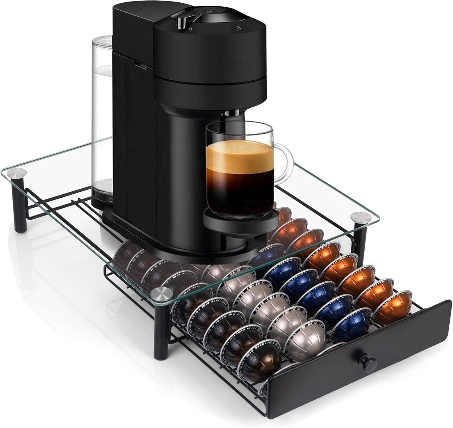 Eastsign Tempered Glass Coffee Pod Drawer, Under Machine Storage for 40 Nespresso Vertuo Capsules,Black