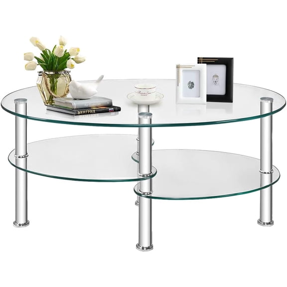 Tempered Glass Coffee Table, 3-Tier Cocktail Center Table with Open Shelf and Heavy-duty Steel Frame, Oval Snack Tea Sofa Side End Table for Living Room Office (Transparent)