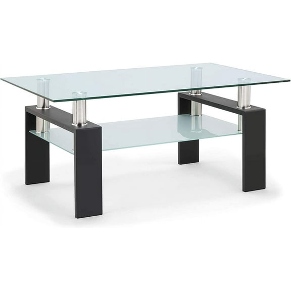 Tempered Glass Coffee Table, Modern 2 Tiers Clear Coffee Table, Size 39.37" x 23.62" (White)