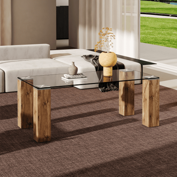 Tempered Glass Coffee Table, Rectangular Center Table with Solid Wood Legs, Modern Cocktail Table, Clear Tea Table for Living Room Reception Office, 44 x 22 x 17 Inch