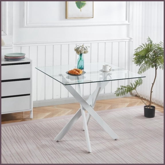 Tempered Glass Coffee Table with Cross Metal Legs for Living Room, Easy-Clean & Sturdy