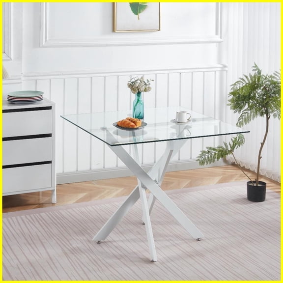 Tempered Glass Coffee Table with Cross Metal Legs for Living Room, Easy-Clean & Stable Fashionable Design
