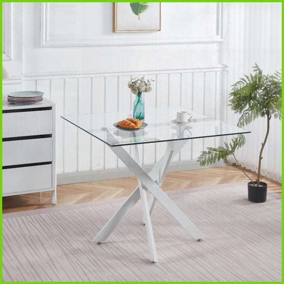 Tempered Glass Coffee Table with Cross Metal Legs for Living Room, Stable Easy-Clean Compact Design