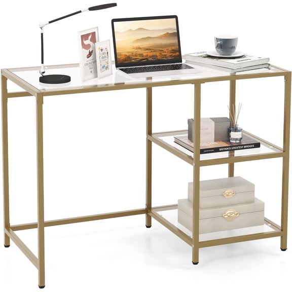 Tempered Glass Computer Desk with 2-Tier Storage Shelves, Modern Computer Workstation, Vanity Makeup Table, Sturdy Metal Frame, Home Office Desk, Student Writing Study Desk (Gold)